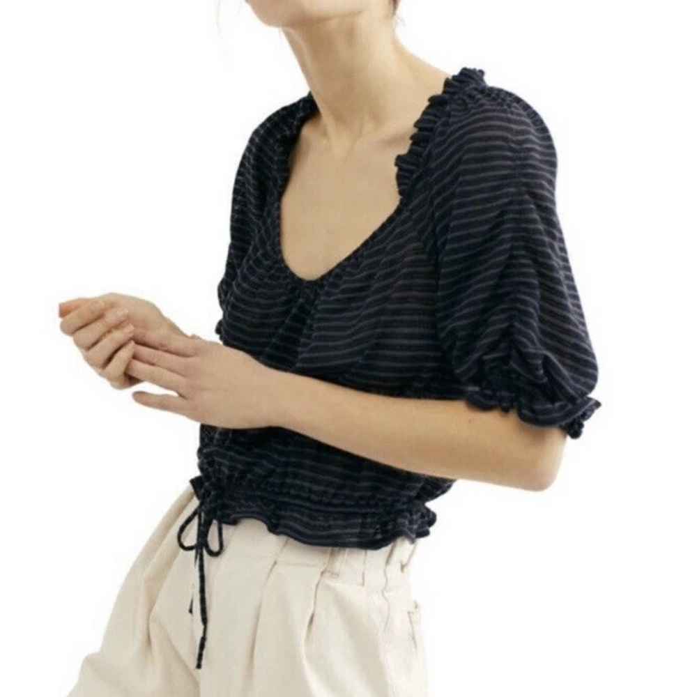 Free People Dorothy Striped Crop Blouse Black Blue Puff Sleeve Peasant Small